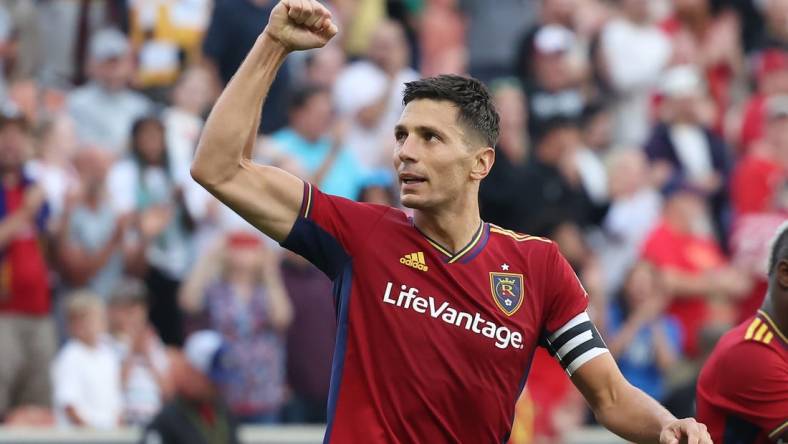 Jun 7, 2023; Sandy, UT, USA; Real Salt Lake midfielder Damir Kreilach (8) reacts to scoring a goal against the Los Angeles Galaxy in the first half at America First Field. Mandatory Credit: Rob Gray-USA TODAY Sports