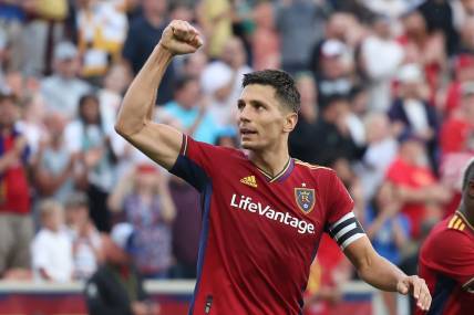 Jun 7, 2023; Sandy, UT, USA; Real Salt Lake midfielder Damir Kreilach (8) reacts to scoring a goal against the Los Angeles Galaxy in the first half at America First Field. Mandatory Credit: Rob Gray-USA TODAY Sports
