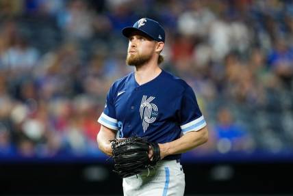 May 26, 2023; Kansas City, Missouri, USA; Kansas City Royals relief pitcher Josh Staumont (63) reacts as he leaves the field during the sixth inning against the Washington Nationals at Kauffman Stadium. Mandatory Credit: Jay Biggerstaff-USA TODAY Sports