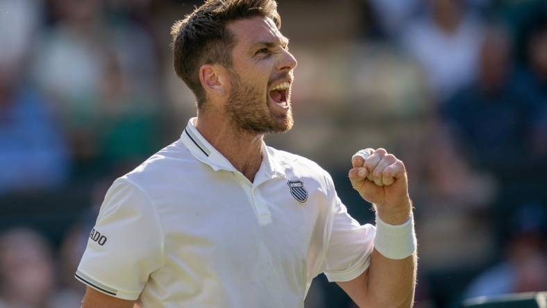 Jul 7, 2023; London, United Kingdom; Cameron Norrie (GBR) reacts to a point during his match against Christopher Eubanks (USA) on day five of Wimbledon at the All England Lawn Tennis and Croquet Club.  Mandatory Credit: Susan Mullane-USA TODAY Sports