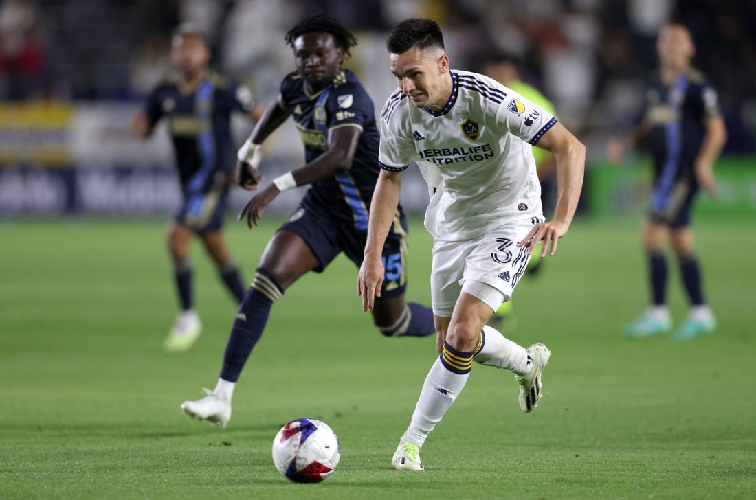 Jul 8, 2023; Carson, California, USA; Los Angeles Galaxy forward Preston Judd (31) dribbles during the second half against the Philadelphia Union at Dignity Health Sports Park. Mandatory Credit: Jason Parkhurst-USA TODAY Sports