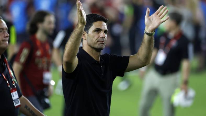 Jul 19, 2023; Washington, DC, USA; Arsenal head coach Mikel Arteta reacts after the game against MLS of the 2023 MLS All Star Game at Audi Field. Mandatory Credit: Geoff Burke-USA TODAY Sports