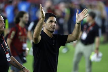 Jul 19, 2023; Washington, DC, USA; Arsenal head coach Mikel Arteta reacts after the game against MLS of the 2023 MLS All Star Game at Audi Field. Mandatory Credit: Geoff Burke-USA TODAY Sports