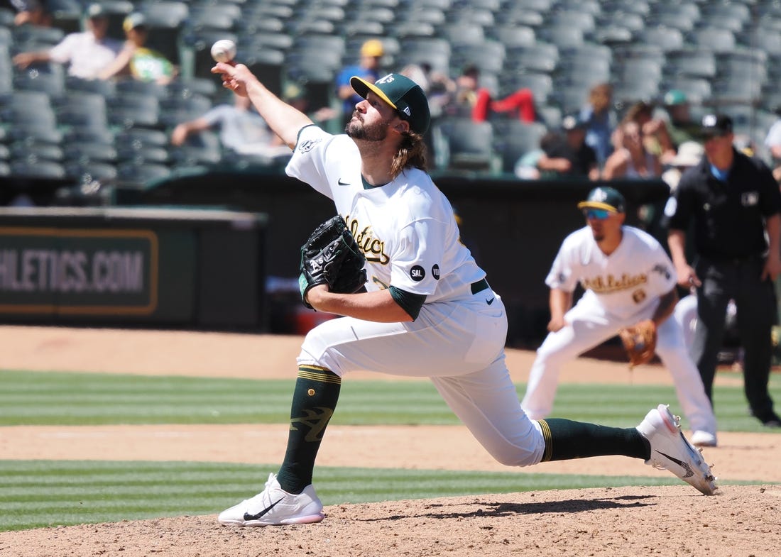 Jul 23, 2023; Oakland, California, USA; Oakland Athletics   relief pitcher Chad Smith (3) pitches the ball against the Houston Astros during the eighth inning at Oakland-Alameda County Coliseum. Mandatory Credit: Kelley L Cox-USA TODAY Sports