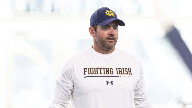 Notre Dame offensive coordinator Gerad Parker during Notre Dame Fall Camp on Wednesday, July 26, 2023, at Irish Athletics Center in South Bend, Indiana.