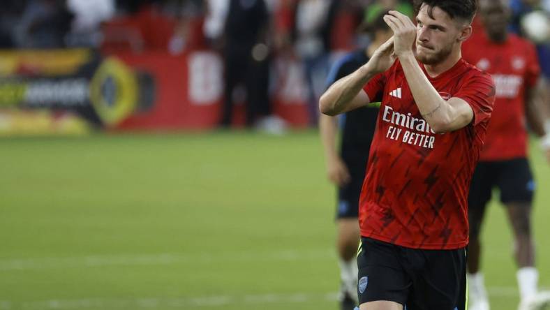 Jul 19, 2023; Washington, DC, USA; Arsenal midfielder Declan Rice (41) runs off the pitch after warmup prior to the match against MLS All-Stars in the 2023 MLS All Star Game at Audi Field. Mandatory Credit: Geoff Burke-USA TODAY Sports