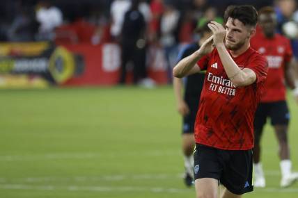 Jul 19, 2023; Washington, DC, USA; Arsenal midfielder Declan Rice (41) runs off the pitch after warmup prior to the match against MLS All-Stars in the 2023 MLS All Star Game at Audi Field. Mandatory Credit: Geoff Burke-USA TODAY Sports