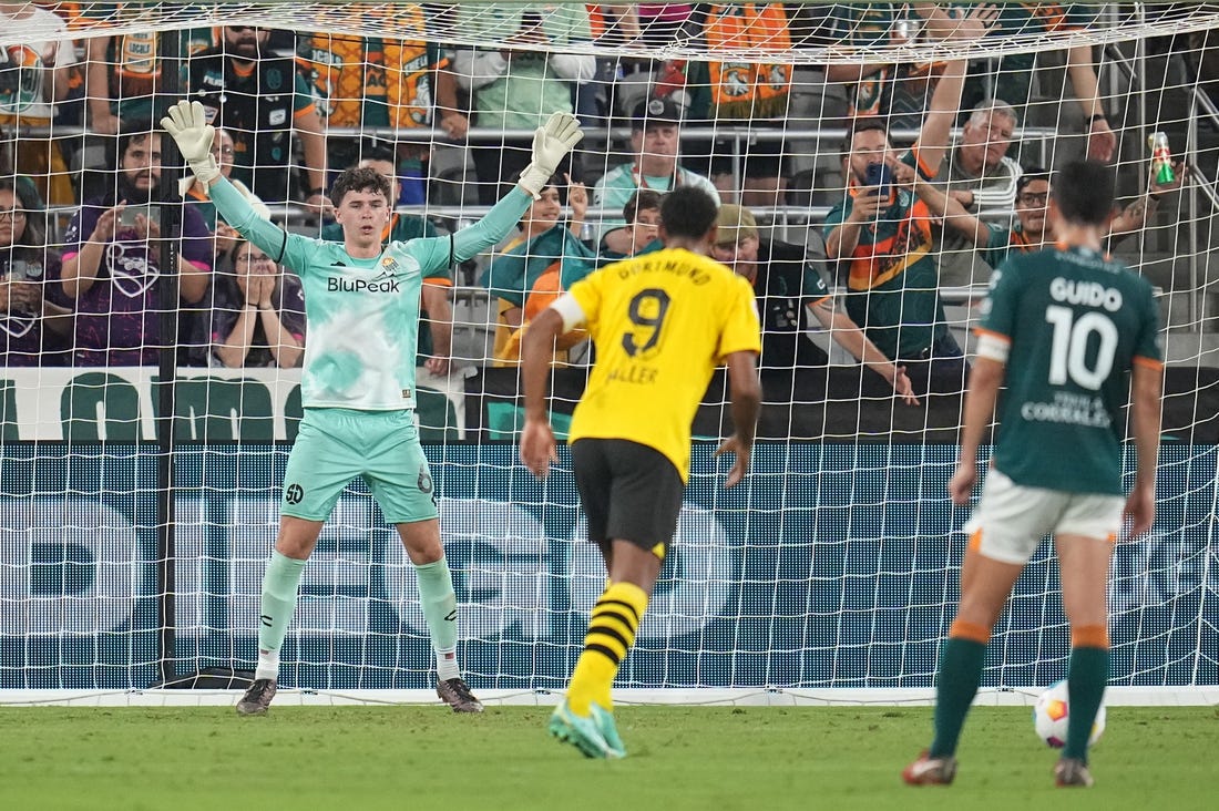 Jul 27, 2023; San Diego, California, USA; San Diego Loyal goalkeeper Duran Ferree (60) readies himself for the penalty kick by Borussia Dortmund forward Sebastien Haller (9) during the second half at Snapdragon Stadium. Mandatory Credit: Ray Acevedo-USA TODAY Sports