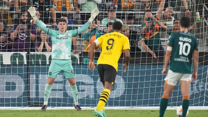 Jul 27, 2023; San Diego, California, USA; San Diego Loyal goalkeeper Duran Ferree (60) readies himself for the penalty kick by Borussia Dortmund forward Sebastien Haller (9) during the second half at Snapdragon Stadium. Mandatory Credit: Ray Acevedo-USA TODAY Sports