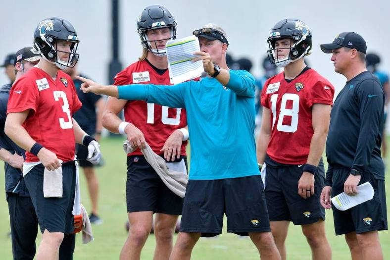 Jacksonville Jaguars backup C.J. Beathard (3) might be in line to start at Tampa Bay with Trevor Lawrence (16) in concussion protocol.