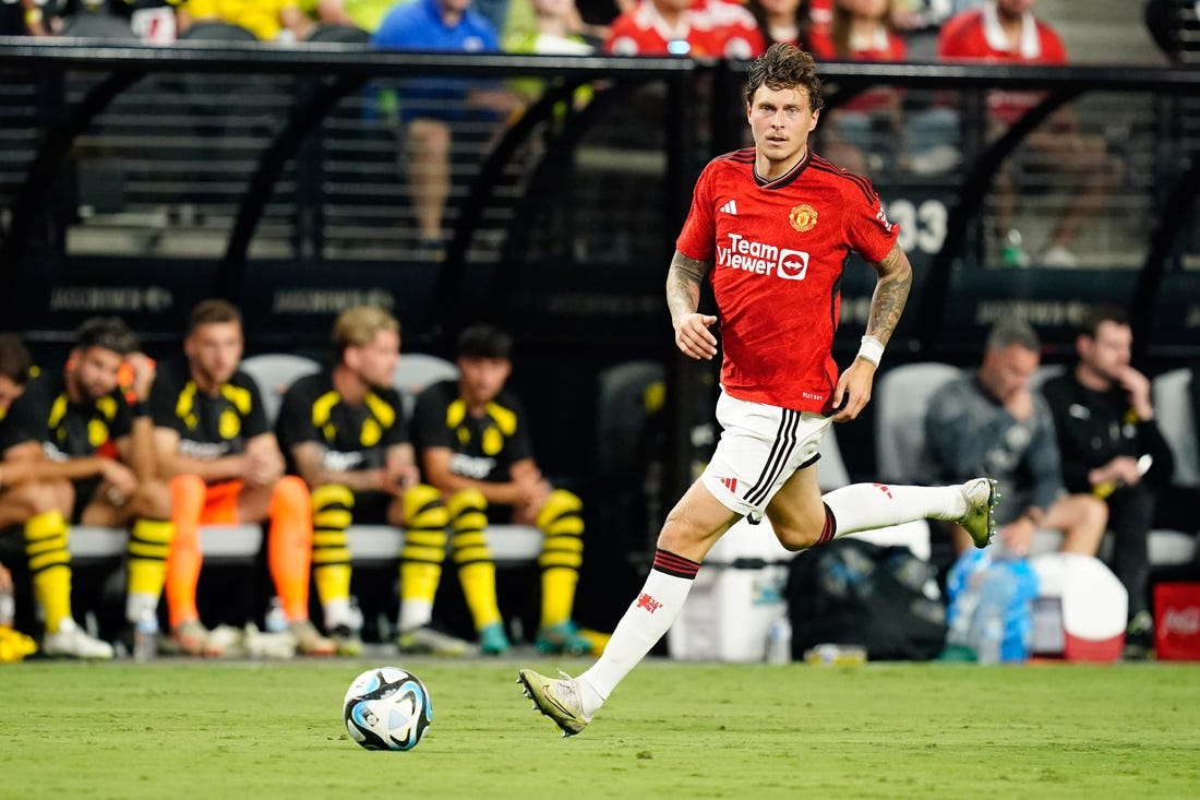 Jul 30, 2023; Las Vegas, Nevada, USA;  Manchester United defender Victor Lindelof (2) moves the ball during the second half against Borussia Dortmund at Allegiant Stadium. Mandatory Credit: Lucas Peltier-USA TODAY Sports