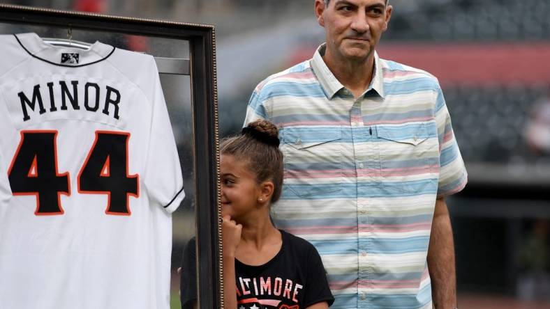 The Delmarva Shorebirds retired the #44 jersey of Ryan Minor, former player and manager, as the first-ever Shorebirds number retired Friday, Aug. 4, 2023, at Perdue Stadium in Salisbury, Maryland.