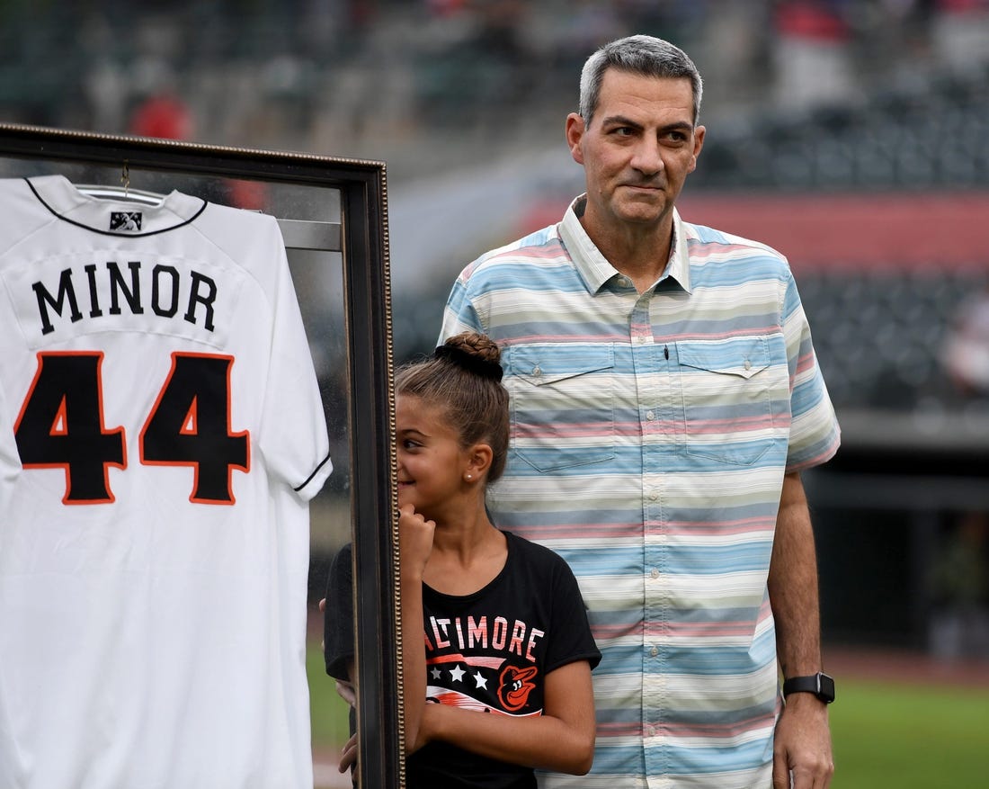 The Delmarva Shorebirds retired the #44 jersey of Ryan Minor, former player and manager, as the first-ever Shorebirds number retired Friday, Aug. 4, 2023, at Perdue Stadium in Salisbury, Maryland.