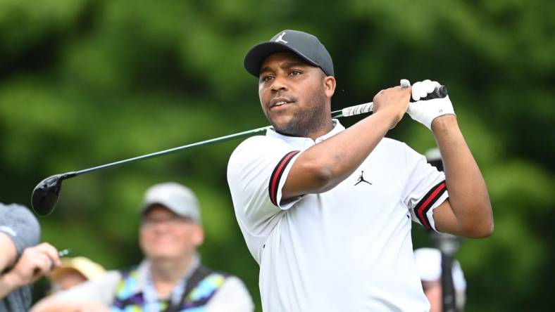 Aug 4, 2023; White Sulphur Springs, West Virginia, USA; Harold Varner III on the 9th tee during the first round of the LIV Golf event at The Old White Course. Mandatory Credit: Bob Donnan-USA TODAY Sports