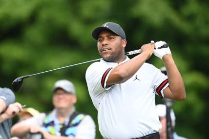 Aug 4, 2023; White Sulphur Springs, West Virginia, USA; Harold Varner III on the 9th tee during the first round of the LIV Golf event at The Old White Course. Mandatory Credit: Bob Donnan-USA TODAY Sports