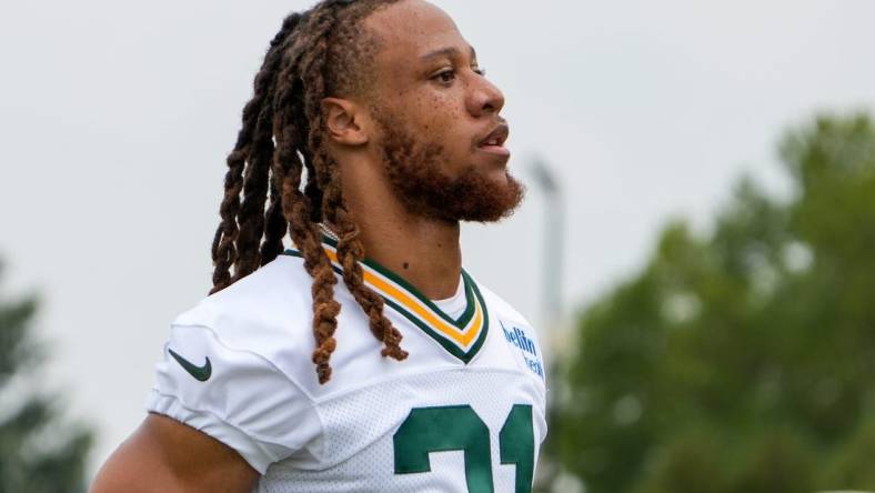 Green Bay Packers cornerback Eric Stokes (21) walks across the field during a joint practice between the Green Bay Packers and the Cincinnati Bengals, Wednesday, Aug. 9, 2023, at the practice fields next to Paycor Stadium in Cincinnati.