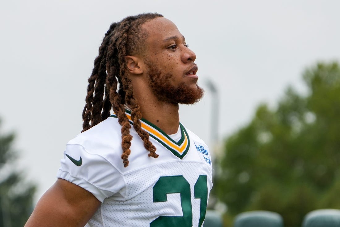 Green Bay Packers cornerback Eric Stokes (21) walks across the field during a joint practice between the Green Bay Packers and the Cincinnati Bengals, Wednesday, Aug. 9, 2023, at the practice fields next to Paycor Stadium in Cincinnati.