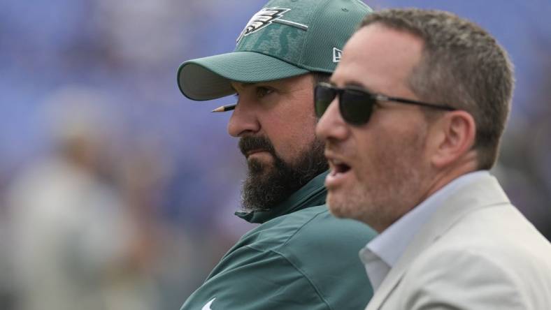 Aug 12, 2023; Baltimore, Maryland, USA;  Philadelphia Eagles assistant coach Matt Patricia stands with  general manager Howie Roseman before the game against the Baltimore Ravens  at M&T Bank Stadium. Mandatory Credit: Tommy Gilligan-USA TODAY Sports