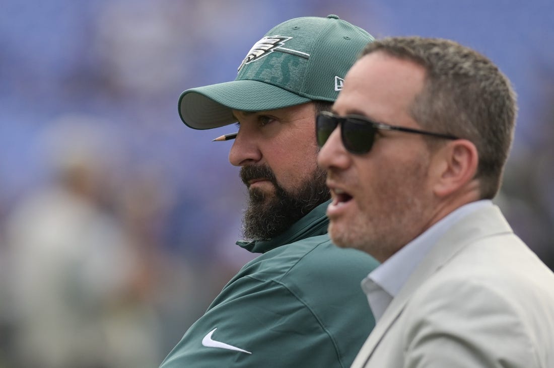 Aug 12, 2023; Baltimore, Maryland, USA;  Philadelphia Eagles assistant coach Matt Patricia stands with  general manager Howie Roseman before the game against the Baltimore Ravens  at M&T Bank Stadium. Mandatory Credit: Tommy Gilligan-USA TODAY Sports
