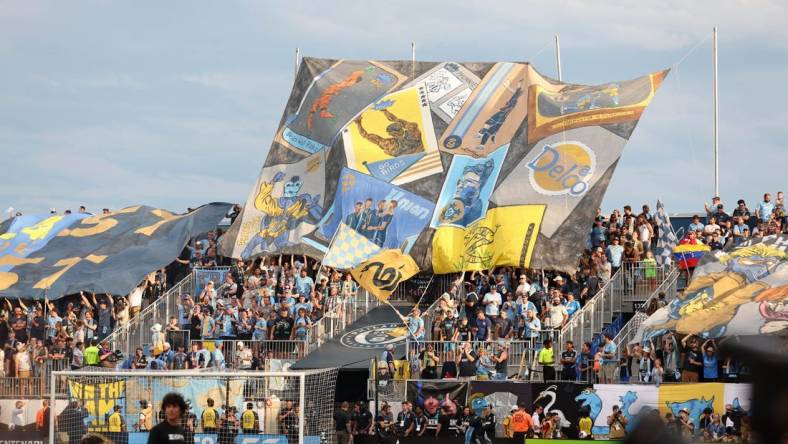 Aug 15, 2023; Chester, PA, USA; Philadelphia Union fans display a tifo before the game against Inter Miami CF at Subaru Park. Mandatory Credit: Bill Streicher-USA TODAY Sports