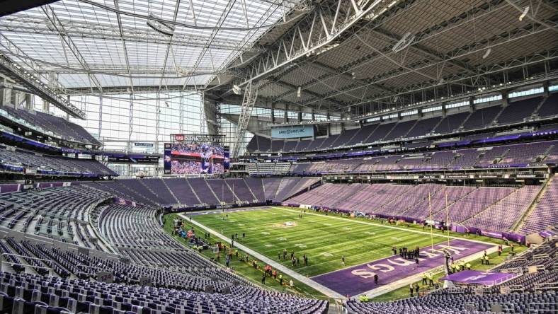 Aug 19, 2023; Minneapolis, Minnesota, USA; A general view of U.S. Bank Stadium before the game between the Minnesota Vikings and the Tennessee Titans. Mandatory Credit: Jeffrey Becker-USA TODAY Sports