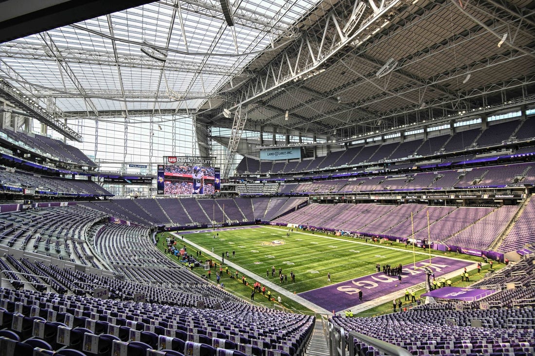 Aug 19, 2023; Minneapolis, Minnesota, USA; A general view of U.S. Bank Stadium before the game between the Minnesota Vikings and the Tennessee Titans. Mandatory Credit: Jeffrey Becker-USA TODAY Sports