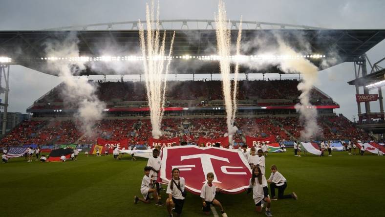 Aug 20, 2023; Toronto, Ontario, CAN; The Toronto FC logo is displayed on the pitch before their match against the CF Montreal during the first half at BMO Field. Mandatory Credit: John E. Sokolowski-USA TODAY Sports