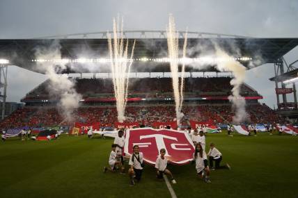 Aug 20, 2023; Toronto, Ontario, CAN; The Toronto FC logo is displayed on the pitch before their match against the CF Montreal during the first half at BMO Field. Mandatory Credit: John E. Sokolowski-USA TODAY Sports