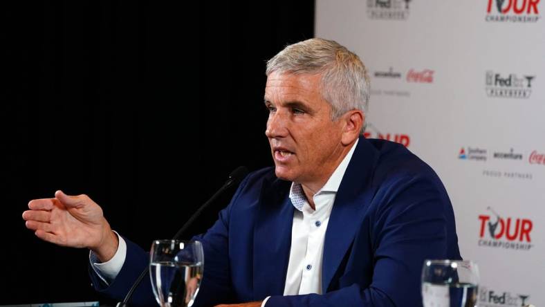 Aug 22, 2023; Atlanta, Georgia, USA; PGA Tour Commissioner Jay Monahan addresses the media during a press conference in the Clubhouse Ballroom at East Lake Golf Club prior to Thursday   s start of the TOUR Championship golf tournament. Mandatory Credit: John David Mercer-USA TODAY Sports