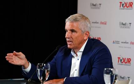 Aug 22, 2023; Atlanta, Georgia, USA; PGA Tour Commissioner Jay Monahan addresses the media during a press conference in the Clubhouse Ballroom at East Lake Golf Club prior to Thursday   s start of the TOUR Championship golf tournament. Mandatory Credit: John David Mercer-USA TODAY Sports