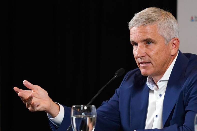 Aug 22, 2023; Atlanta, Georgia, USA; PGA Tour Commissioner Jay Monahan addresses the media during a press conference in the Clubhouse Ballroom at East Lake Golf Club prior to Thursday s start of the TOUR Championship golf tournament. Mandatory Credit: John David Mercer-USA TODAY Sports