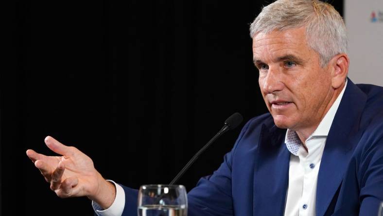 Aug 22, 2023; Atlanta, Georgia, USA; PGA Tour Commissioner Jay Monahan addresses the media during a press conference in the Clubhouse Ballroom at East Lake Golf Club prior to Thursday s start of the TOUR Championship golf tournament. Mandatory Credit: John David Mercer-USA TODAY Sports