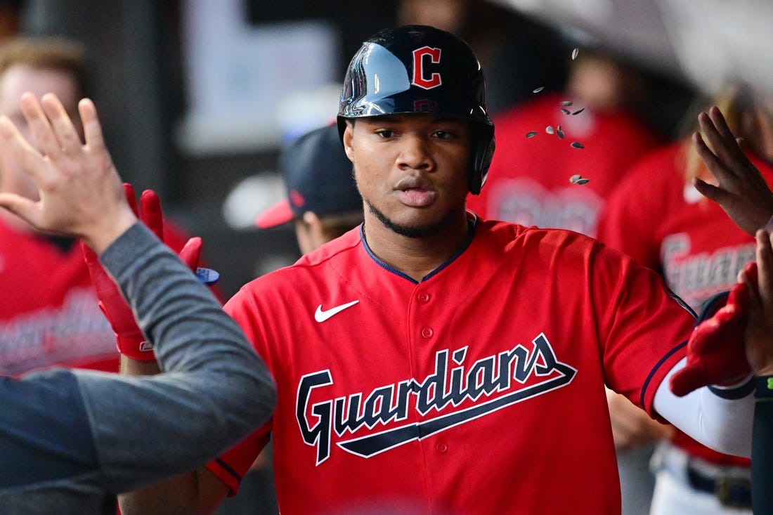 Aug 22, 2023; Cleveland, Ohio, USA; Cleveland Guardians designated hitter Oscar Gonzalez (39) celebrates after hitting a home run during the fourth inning against the Los Angeles Dodgers at Progressive Field. Mandatory Credit: Ken Blaze-USA TODAY Sports