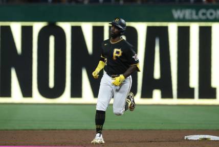 Aug 22, 2023; Pittsburgh, Pennsylvania, USA; Pittsburgh Pirates designated hitter Andrew McCutchen (22) circles the bases on a two run home run against the St. Louis Cardinals during the fifth inning at PNC Park. Mandatory Credit: Charles LeClaire-USA TODAY Sports