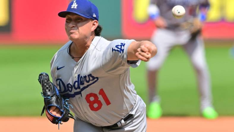 Aug 24, 2023; Cleveland, OH, USA; Los Angeles Dodgers relief pitcher Victor Gonzalez (81) throws a pitch during the third inning against the Cleveland Guardians at Progressive Field. Mandatory Credit: Ken Blaze-USA TODAY Sports