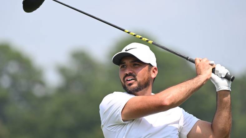 Aug 24, 2023; Atlanta, Georgia, USA; Jason Day tees off on the 16th hole during the first round of the TOUR Championship golf tournament at East Lake Golf Club. Mandatory Credit: Adam Hagy-USA TODAY Sports