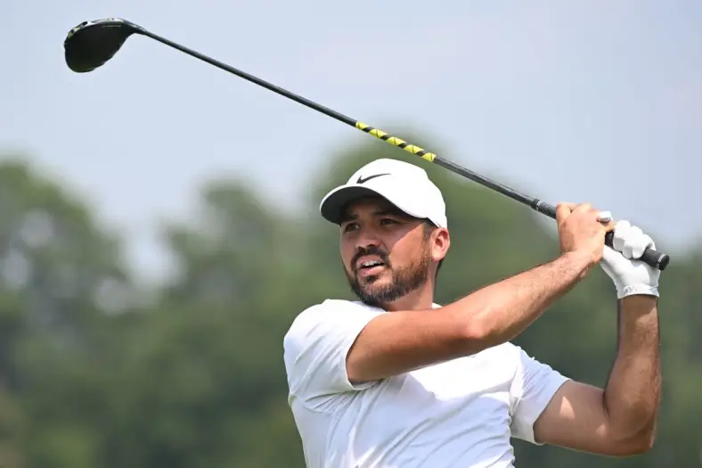 Aug 24, 2023; Atlanta, Georgia, USA; Jason Day tees off on the 16th hole during the first round of the TOUR Championship golf tournament at East Lake Golf Club. Mandatory Credit: Adam Hagy-USA TODAY Sports