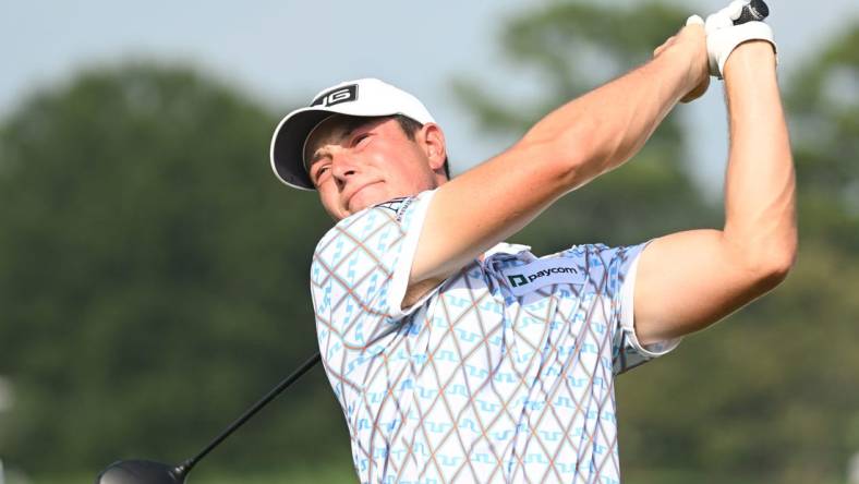 Aug 24, 2023; Atlanta, Georgia, USA; Viktor Hovland tees off on the 16th hole during the first round of the TOUR Championship golf tournament at East Lake Golf Club. Mandatory Credit: Adam Hagy-USA TODAY Sports