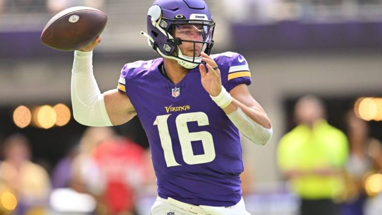 Aug 26, 2023; Minneapolis, Minnesota, USA; Minnesota Vikings quarterback Jaren Hall (16) throws a pass against the Arizona Cardinals during the third quarter at U.S. Bank Stadium. Mandatory Credit: Jeffrey Becker-USA TODAY Sports