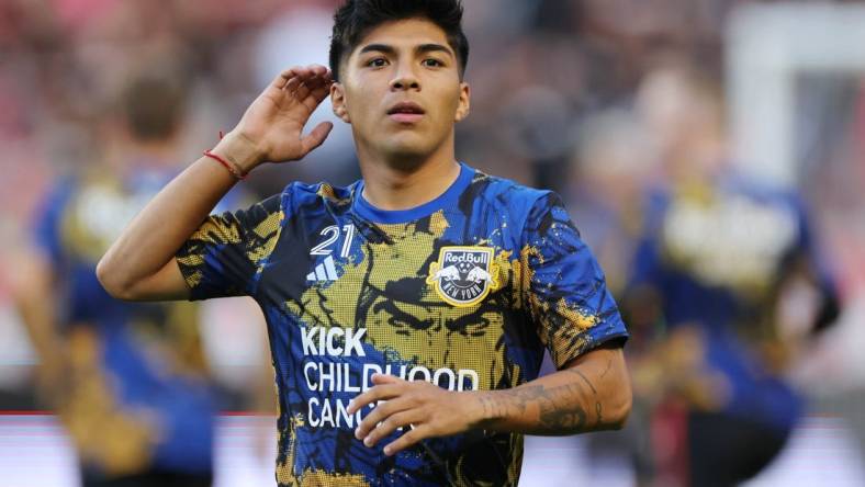 Aug 26, 2023; Harrison, New Jersey, USA; New York Red Bulls midfielder Omir Fernandez (21) warms up before the game against Inter Miami CF at Red Bull Arena. Mandatory Credit: Vincent Carchietta-USA TODAY Sports