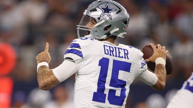 Aug 26, 2023; Arlington, Texas, USA; Dallas Cowboys quarterback Will Grier (15) throws a pass in the first quarter against the Las Vegas Raiders at AT&T Stadium. Mandatory Credit: Tim Heitman-USA TODAY Sports