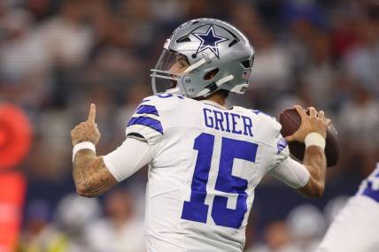 Aug 26, 2023; Arlington, Texas, USA; Dallas Cowboys quarterback Will Grier (15) throws a pass in the first quarter against the Las Vegas Raiders at AT&T Stadium. Mandatory Credit: Tim Heitman-USA TODAY Sports