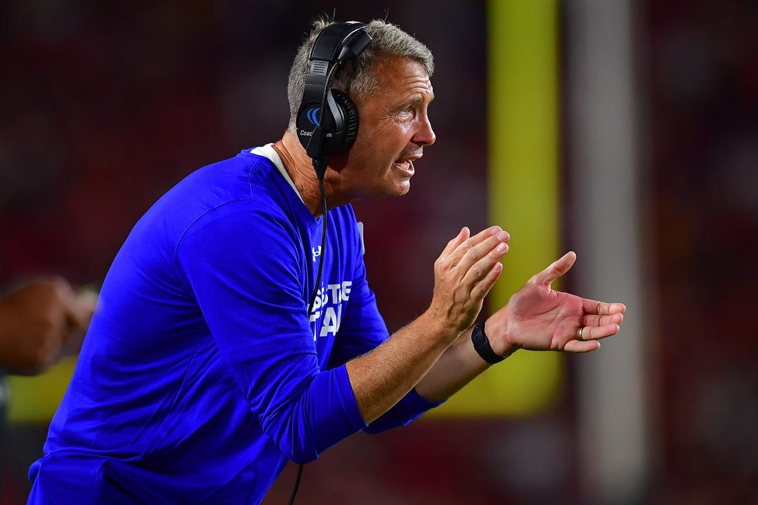 Aug 26, 2023; Los Angeles, California, USA; San Jose State Spartans head coach Brent Brennan watches game action against the Southern California Trojans during the second half at Los Angeles Memorial Coliseum. Mandatory Credit: Gary A. Vasquez-USA TODAY Sports