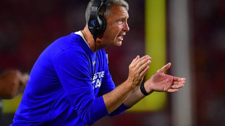 Aug 26, 2023; Los Angeles, California, USA; San Jose State Spartans head coach Brent Brennan watches game action against the Southern California Trojans during the second half at Los Angeles Memorial Coliseum. Mandatory Credit: Gary A. Vasquez-USA TODAY Sports