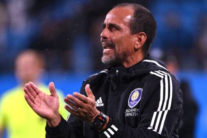 Aug 30, 2023; Charlotte, North Carolina, USA; Orlando City head coach Oscar Pareja in the first half at Bank of America Stadium. Mandatory Credit: Bob Donnan-USA TODAY Sports