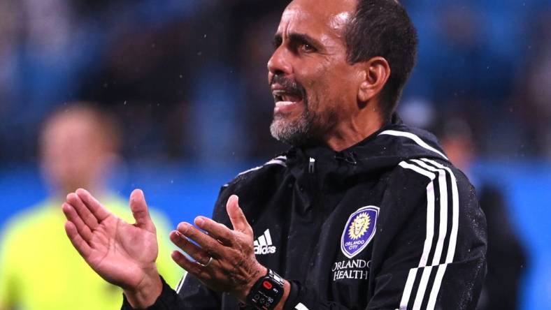 Aug 30, 2023; Charlotte, North Carolina, USA; Orlando City head coach Oscar Pareja in the first half at Bank of America Stadium. Mandatory Credit: Bob Donnan-USA TODAY Sports