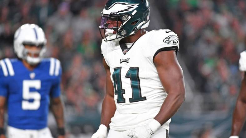 Aug 24, 2023; Philadelphia, Pennsylvania, USA; Philadelphia Eagles linebacker Nicholas Morrow (41) against the Indianapolis Colts at Lincoln Financial Field. Mandatory Credit: Eric Hartline-USA TODAY Sports