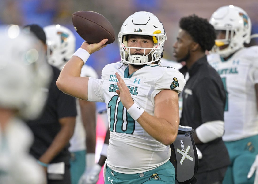 Sep 2, 2023; Pasadena, California, USA;  Coastal Carolina Chanticleers quarterback Grayson McCall (10) warms up prior to the game against the UCLA Bruins at Rose Bowl. Mandatory Credit: Jayne Kamin-Oncea-USA TODAY Sports