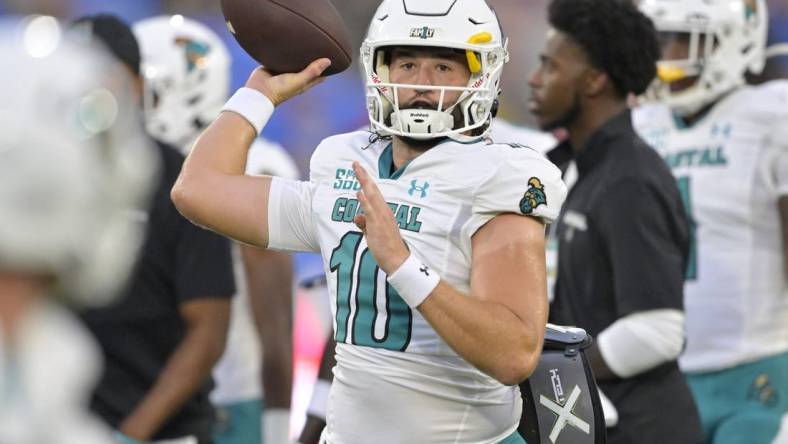 Sep 2, 2023; Pasadena, California, USA;  Coastal Carolina Chanticleers quarterback Grayson McCall (10) warms up prior to the game against the UCLA Bruins at Rose Bowl. Mandatory Credit: Jayne Kamin-Oncea-USA TODAY Sports