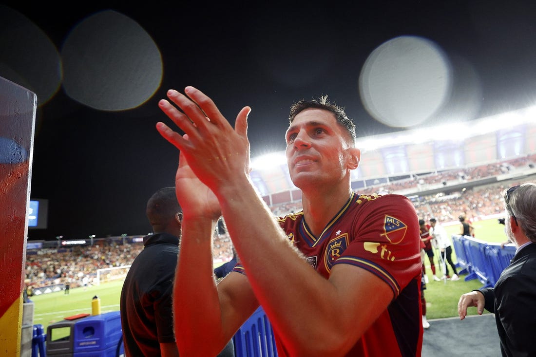 Sep 2, 2023; Sandy, Utah, USA; Real Salt Lake midfielder Damir Kreilach (8) celebrates after their 2-0 win against the Colorado Rapids at America First Field. Mandatory Credit: Jeff Swinger-USA TODAY Sports